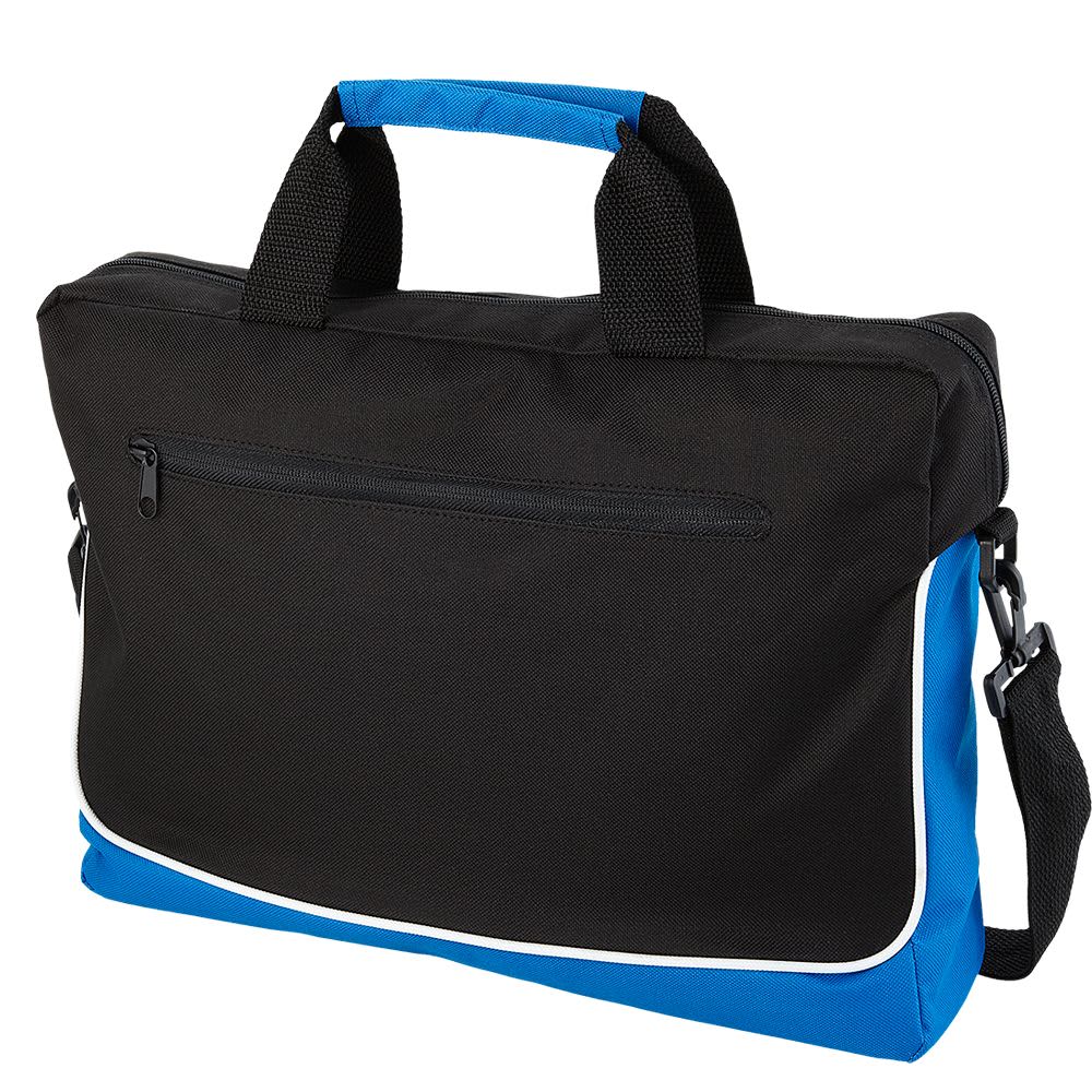 A black and red laptop bag with a zippered front pocket and dual carry handles. Features a logo on the side.