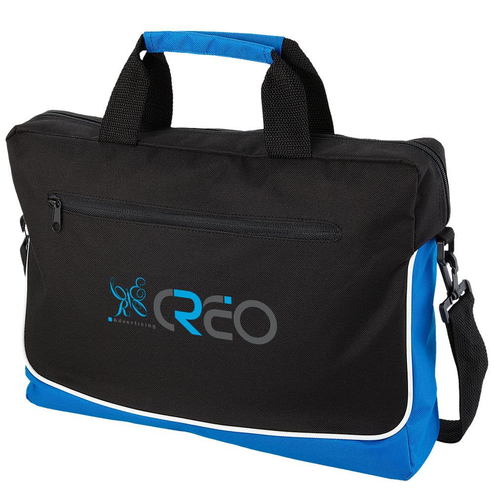 A black and red laptop bag with a zippered front pocket and a shoulder strap, featuring a logo.