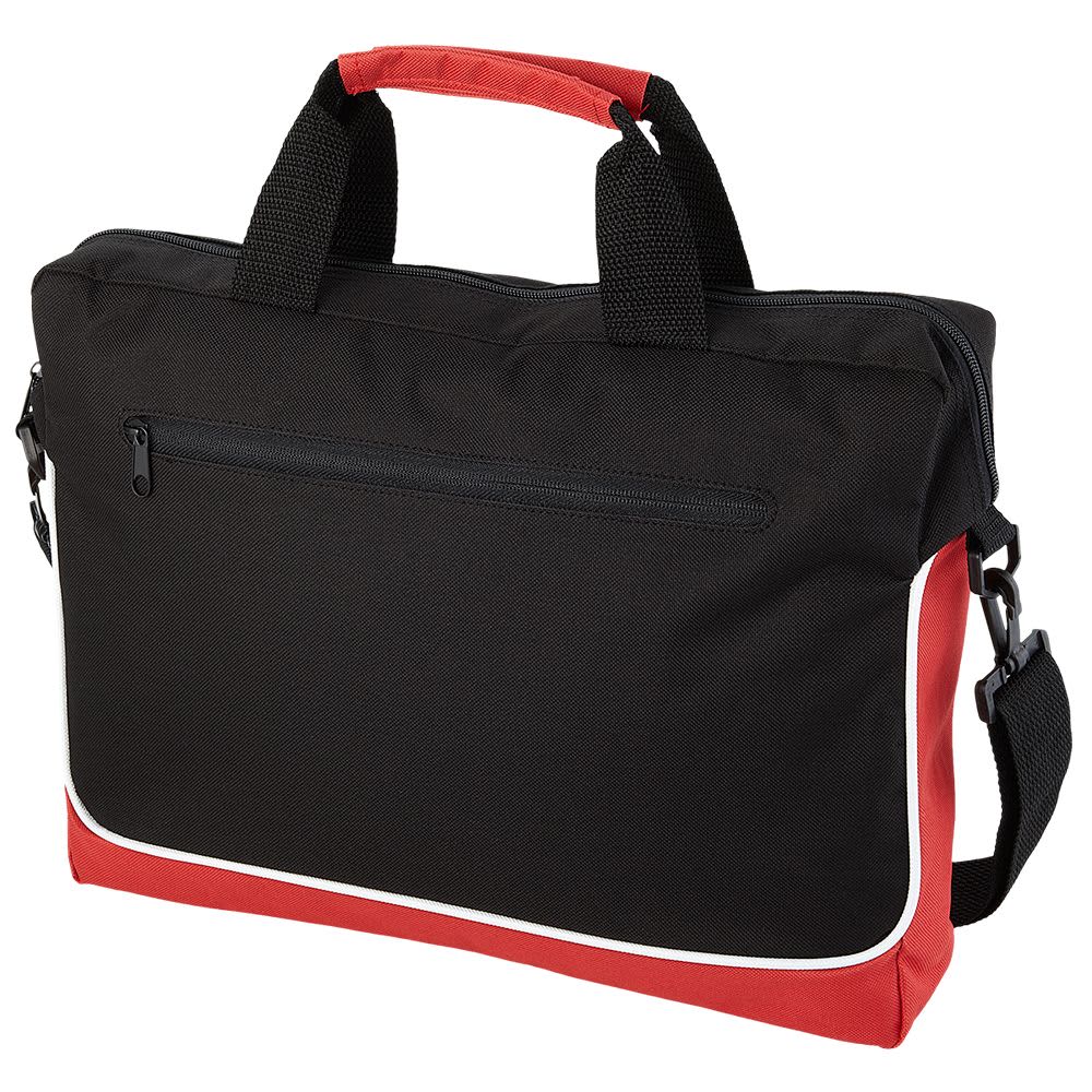A red and black laptop bag with a reinforced base and a logo on the front.