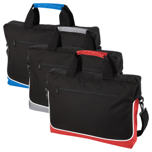 A black and blue laptop bag with a zippered front pocket and dual handles. It has a logo on the side.