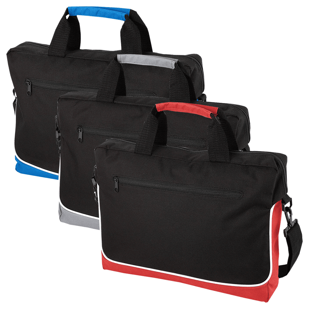 A black and blue laptop bag with a zippered front pocket and dual handles. It has a logo on the side.