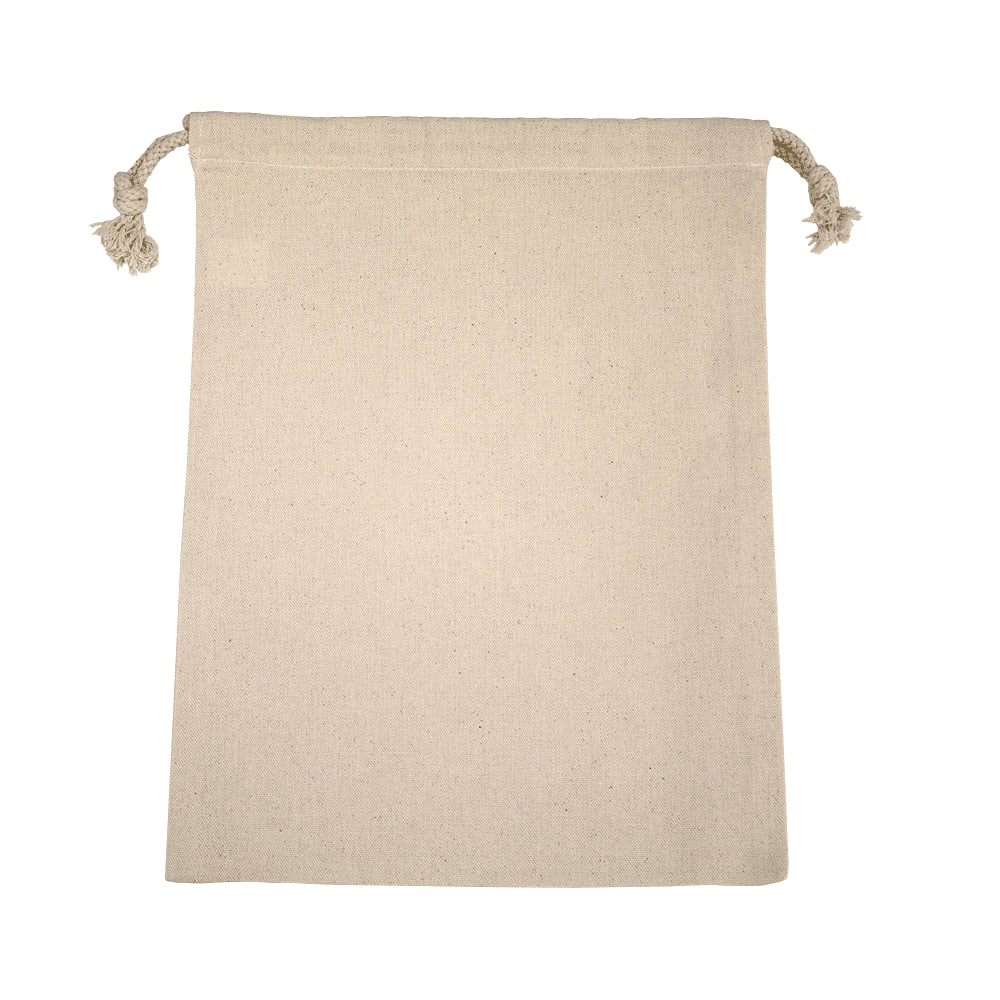 A natural-coloured cotton drawstring bag with tassel closures and a plain surface. It features a logo.