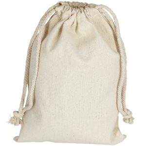 A cream-coloured 100% cotton drawstring bag with two braided drawstrings and a simple design.