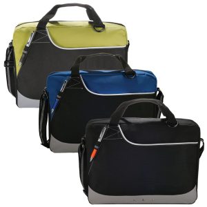 A trio of Rubble Brief Bags in black, blue, and green, featuring an adjustable strap and a logo.
