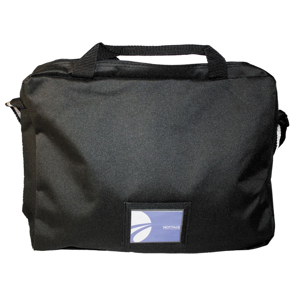A black laptop bag featuring handles and a side mesh pocket, with a logo on the front.