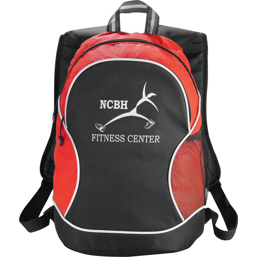 A black and red backpack with a logo, featuring mesh side pockets and adjustable straps.