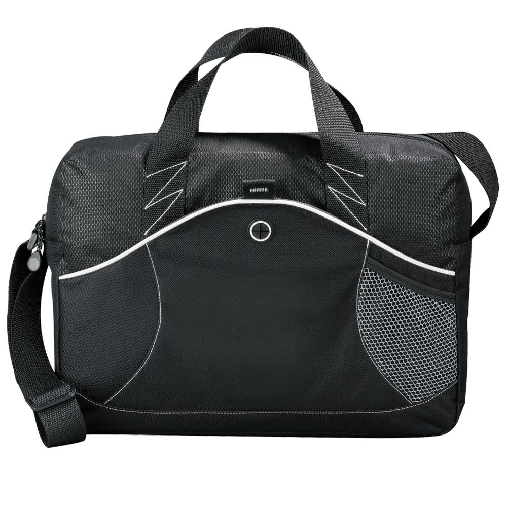 A laptop bag with a black and orange design, featuring two handles and a detachable shoulder strap. It has branding on the front.