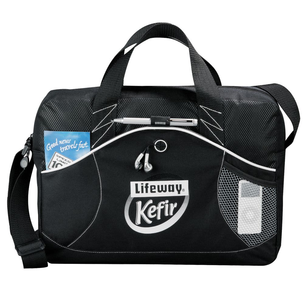 A black laptop bag with mesh detailing, featuring handles and a shoulder strap, plus a logo.