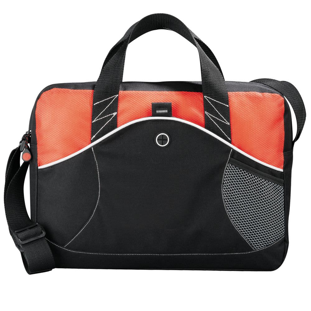 A black laptop bag featuring a mesh pocket, shoulder strap, and branding.