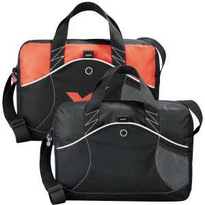 A laptop bag featuring a black body with vibrant orange accents, mesh detailing, and an adjustable shoulder strap.