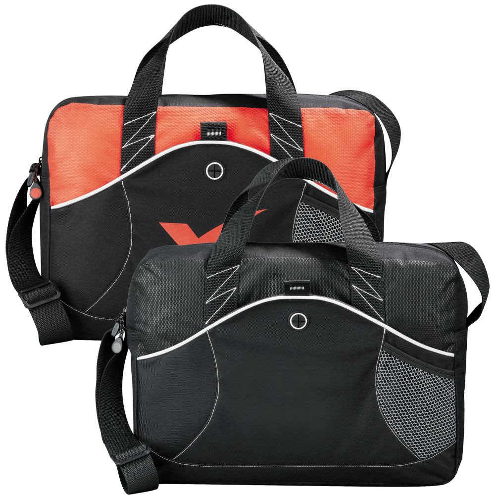 A laptop bag featuring a black body with vibrant orange accents, mesh detailing, and an adjustable shoulder strap.