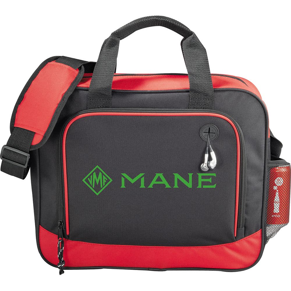 A black and red laptop briefcase featuring a logo, with a shoulder strap and dual handles.