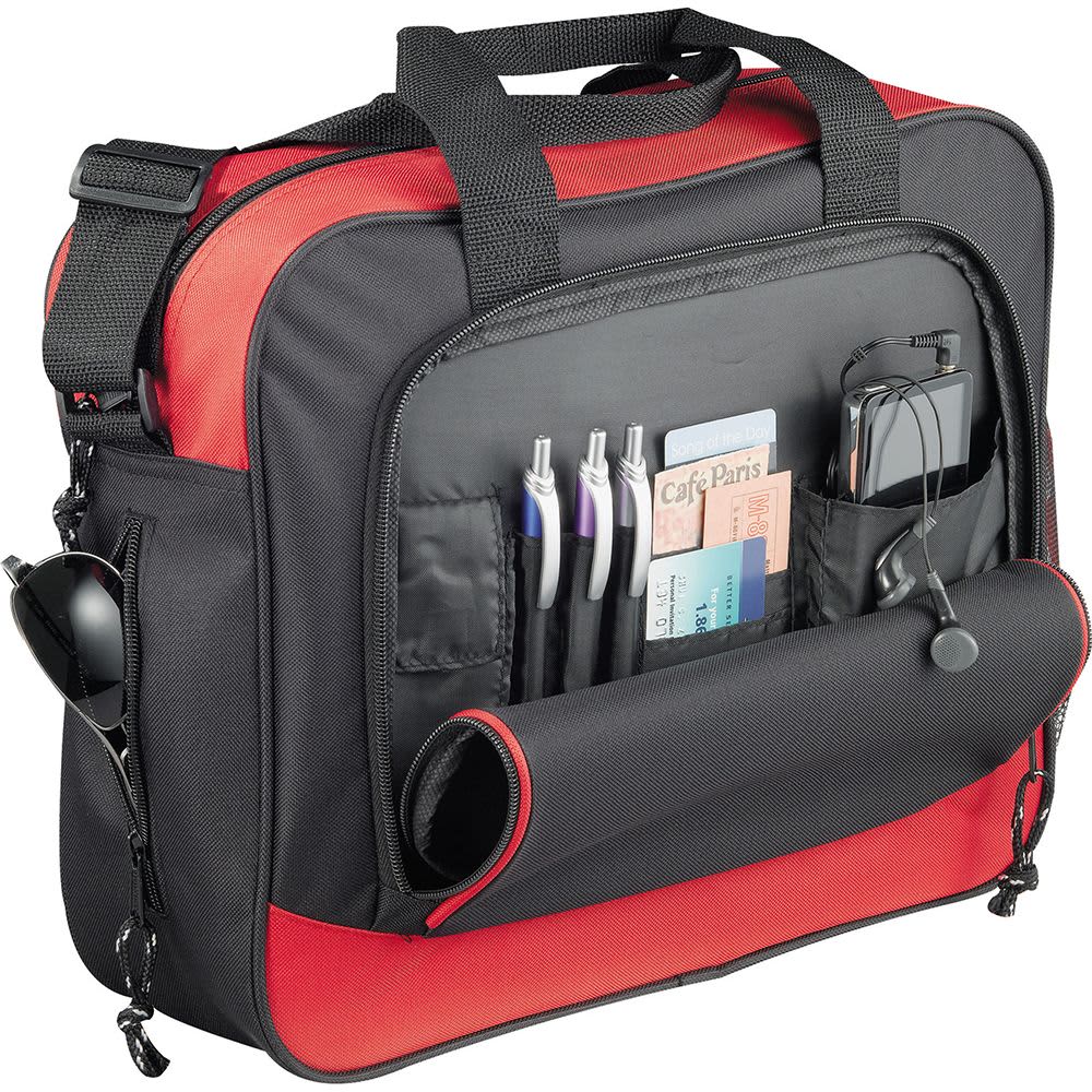 A black and red business briefcase featuring multiple pockets for pens, cards, and a phone, with a logo on it.