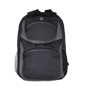 A black and grey backpack with multiple zippered pockets and mesh side pouches, featuring a logo.