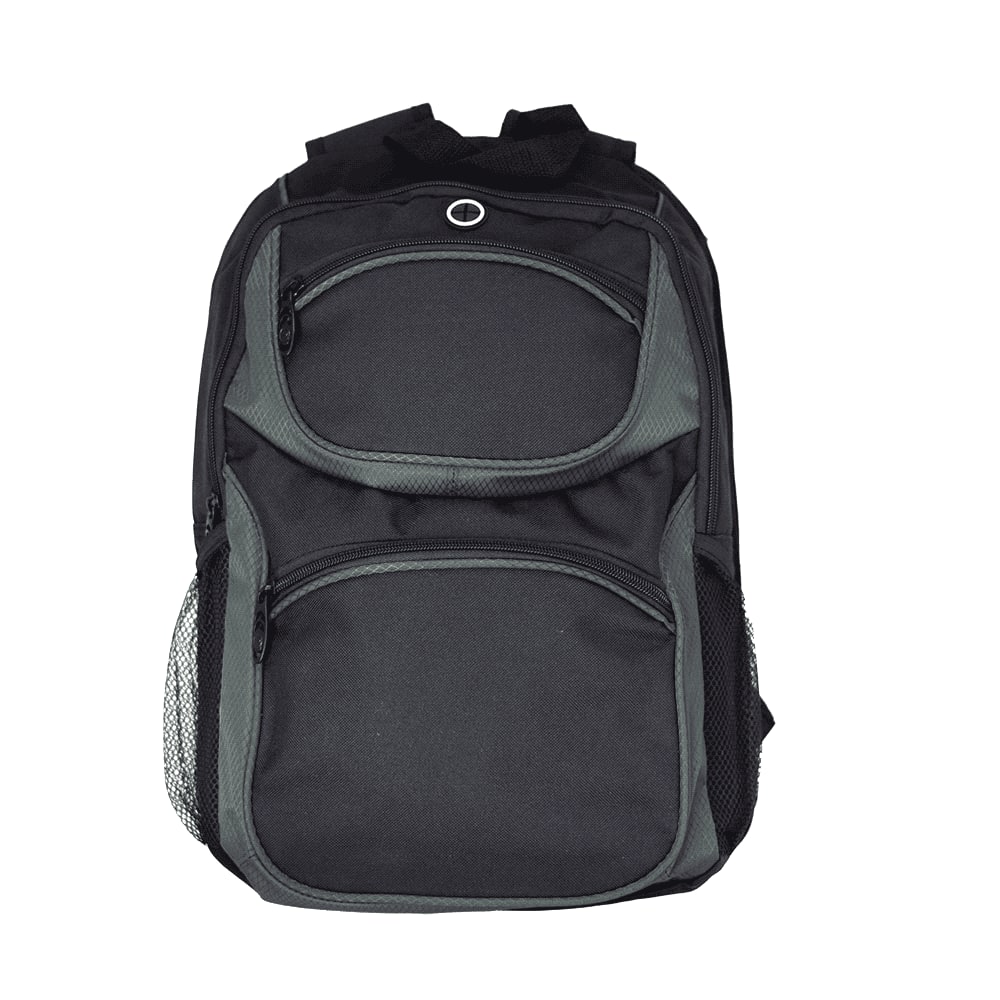 A black and grey backpack with multiple zippered pockets and mesh side pouches, featuring a logo.