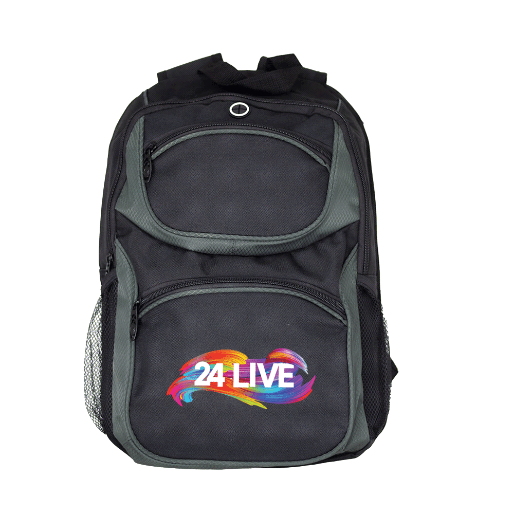 A black and grey backpack featuring multiple zippered compartments and a mesh side pocket. It has a logo on the front.