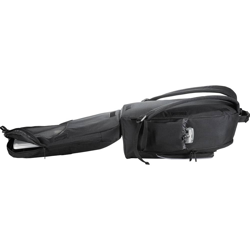 A black laptop backpack with multiple compartments and a sleek design, featuring a logo.