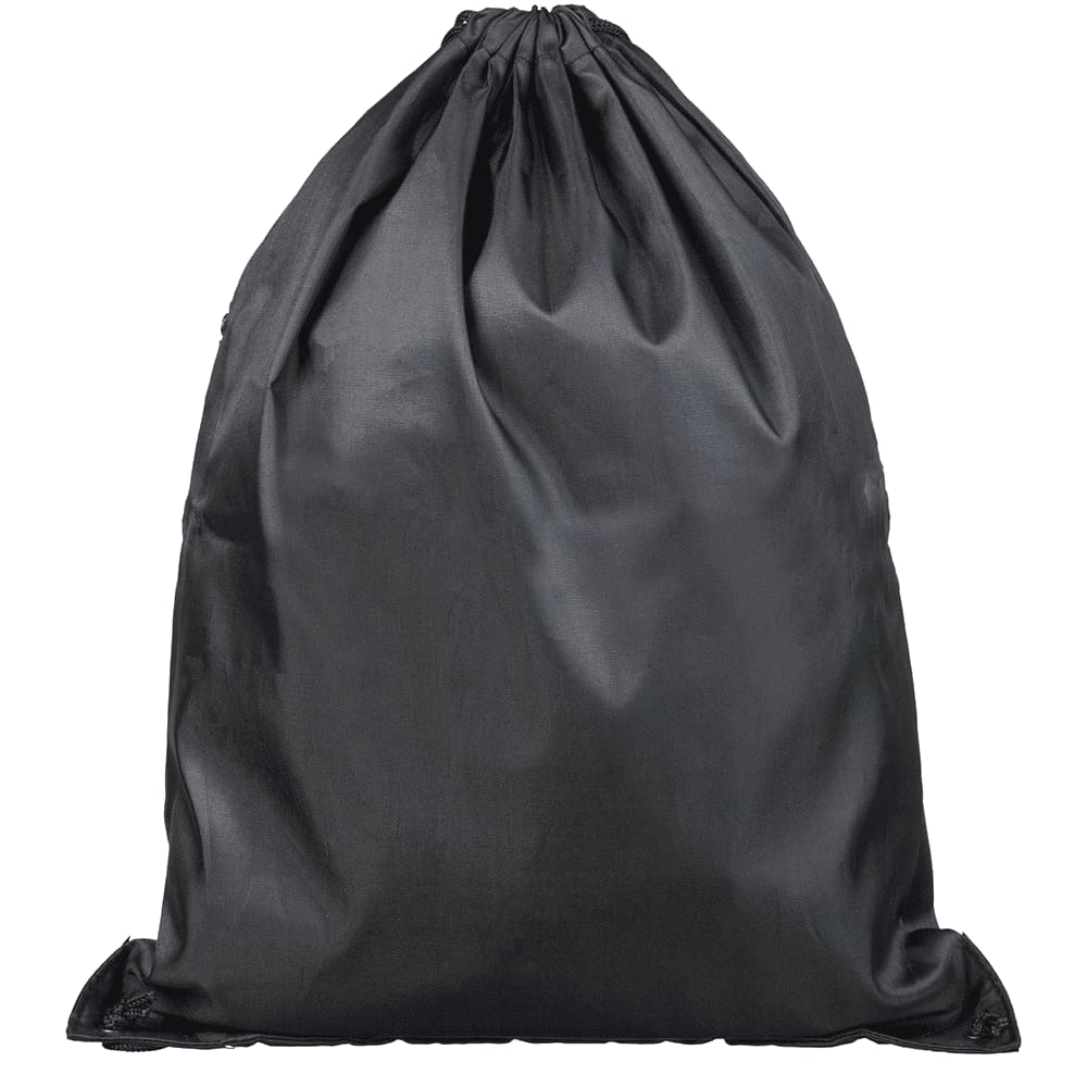 A black drawstring bag featuring a gathered top and a simple design. It has a logo displayed on the front.