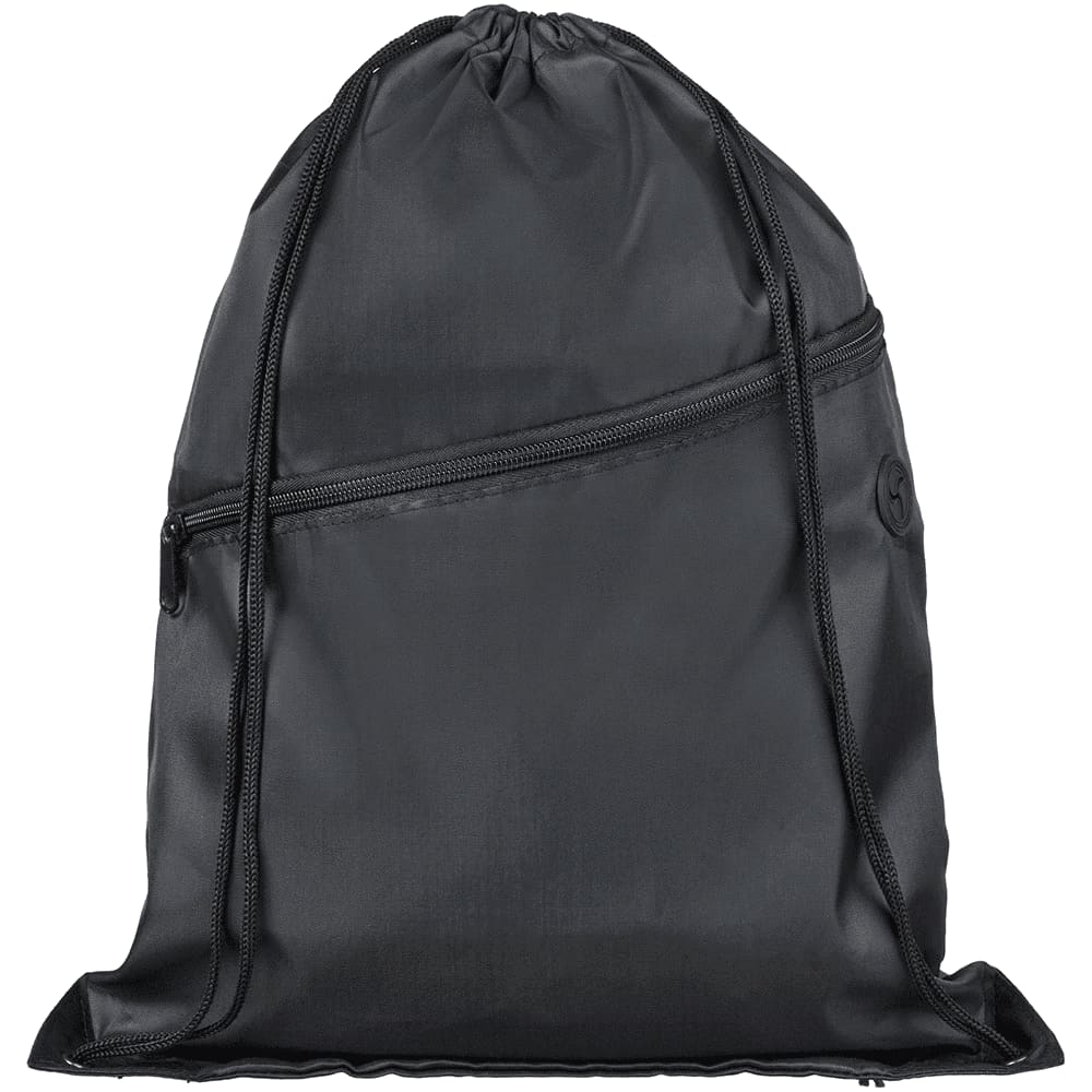 A black drawstring bag with a zippered front pocket and a logo. Made of smooth fabric.