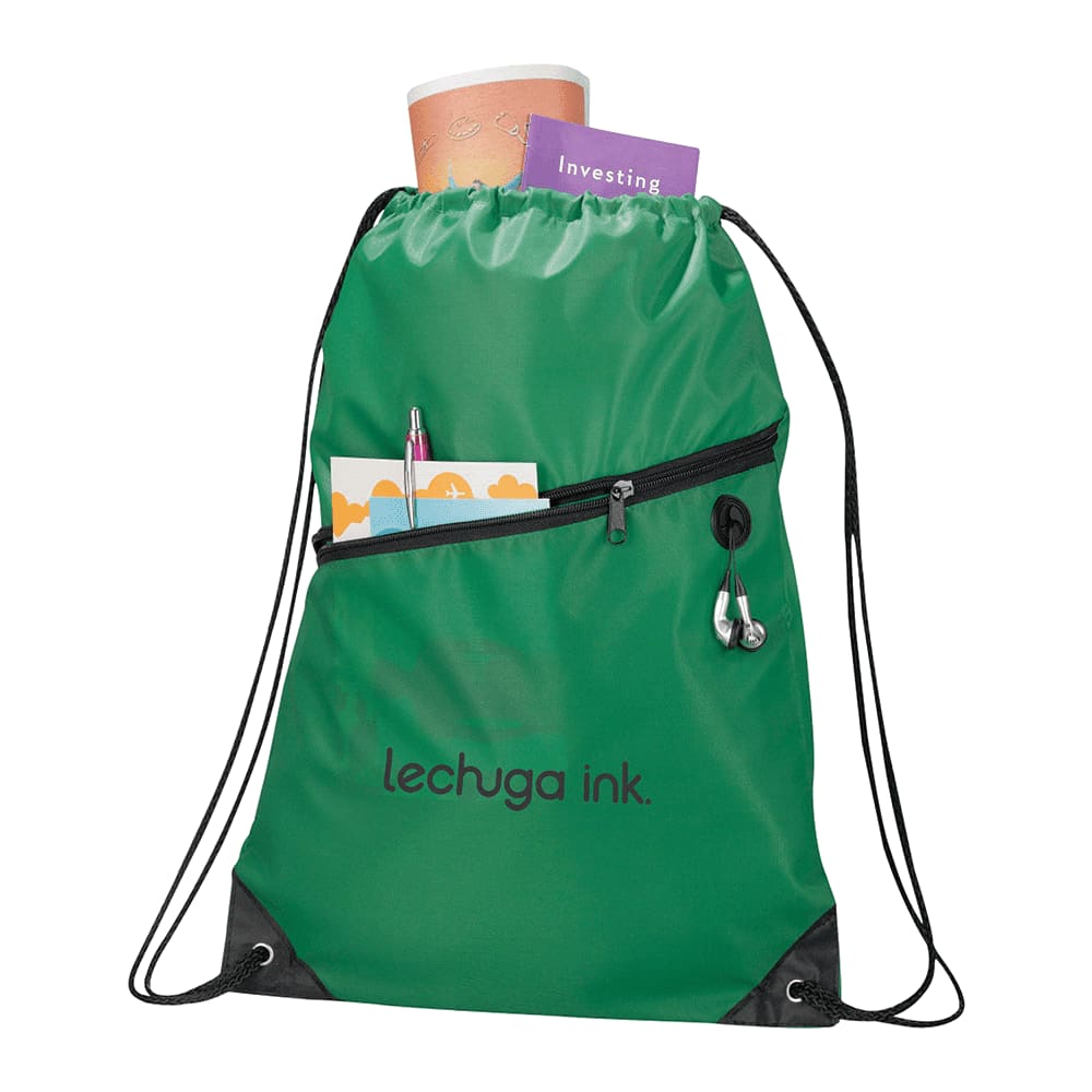 A green drawstring bag featuring a zippered pocket, with a drink bottle and documents partially visible. It has a logo.