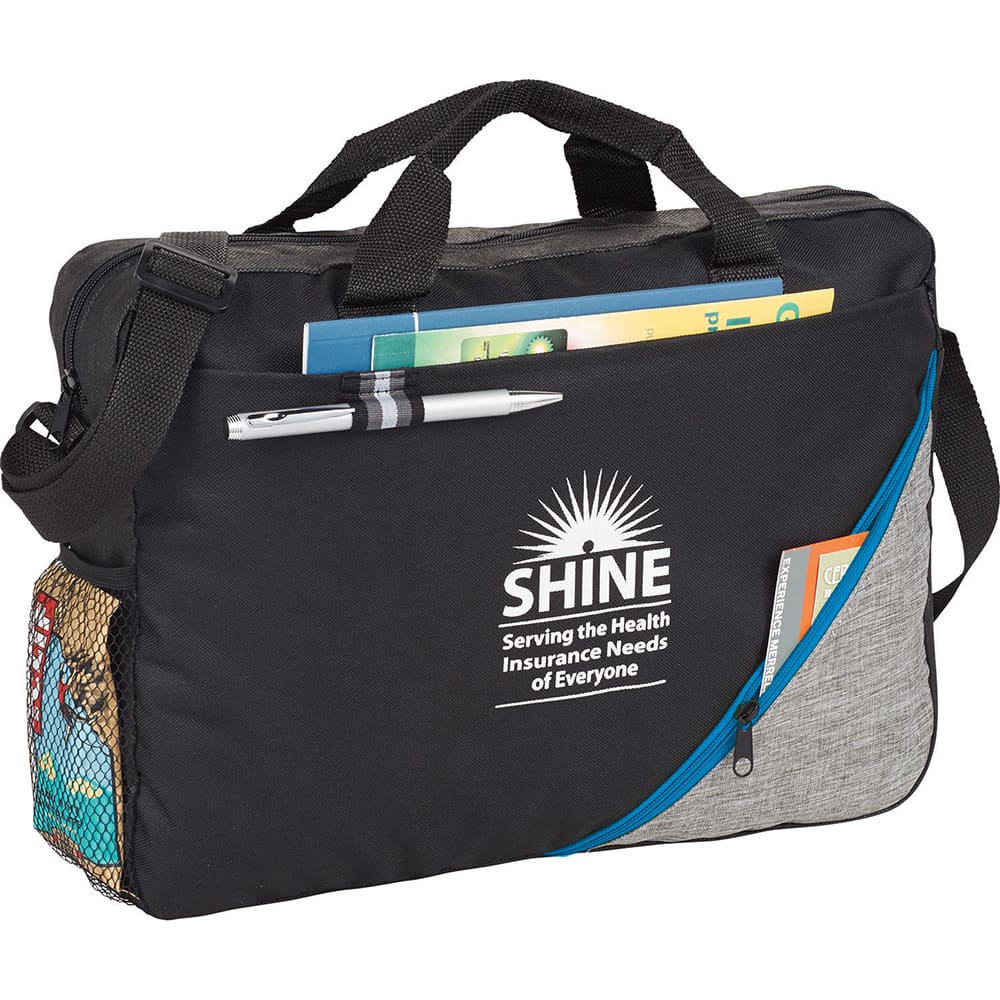 A black and grey laptop bag features multiple compartments, including a mesh side pocket, and includes a pen.