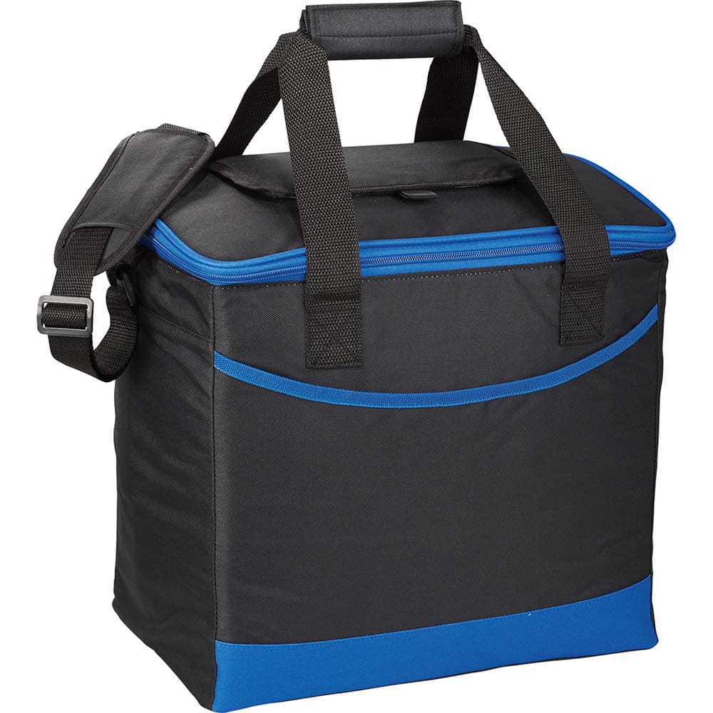 A black cooler bag with blue accents, featuring a top handle and an adjustable shoulder strap. It has a front pocket and a logo.