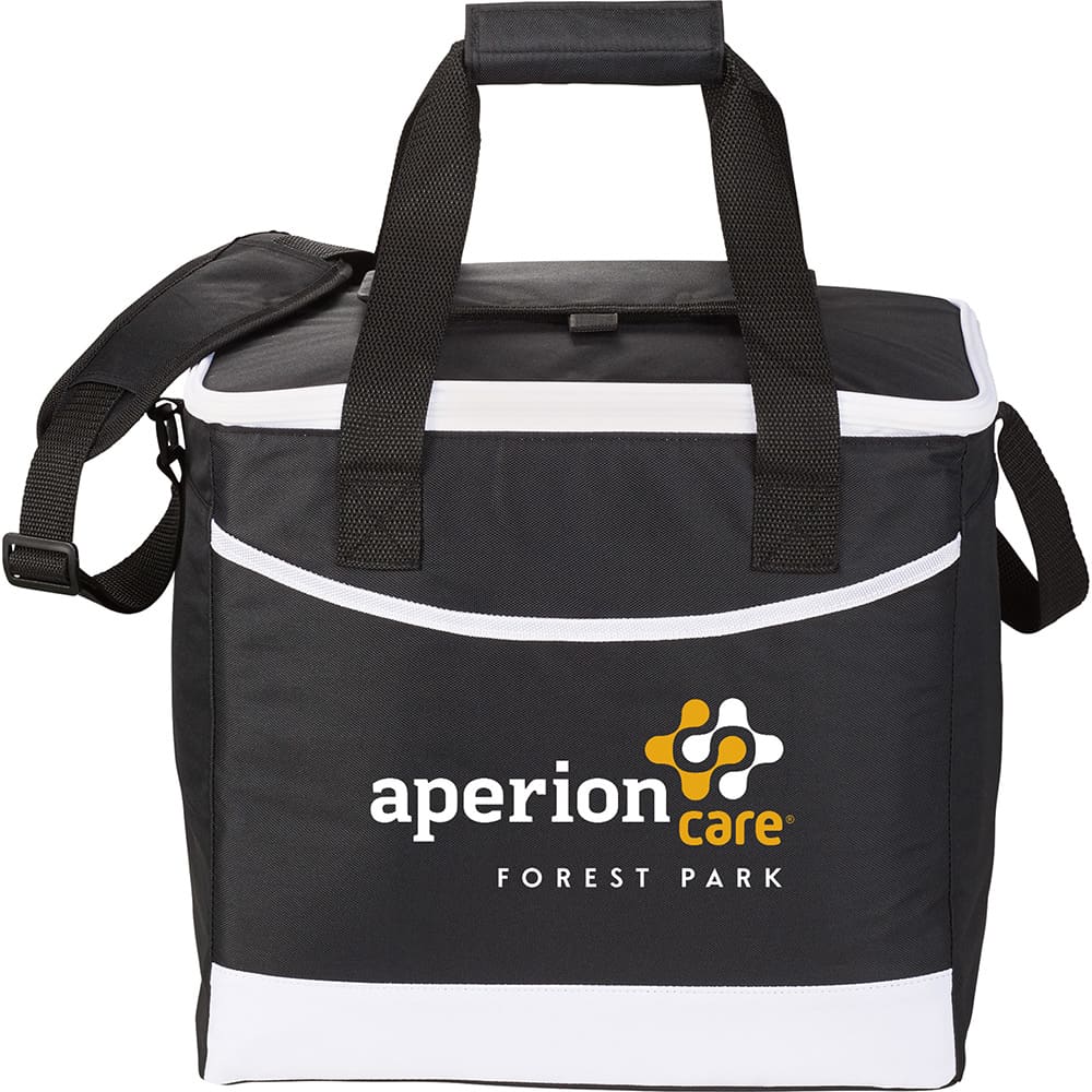 A black cooler bag with white accents and a logo. Features both handles and a shoulder strap for carrying.