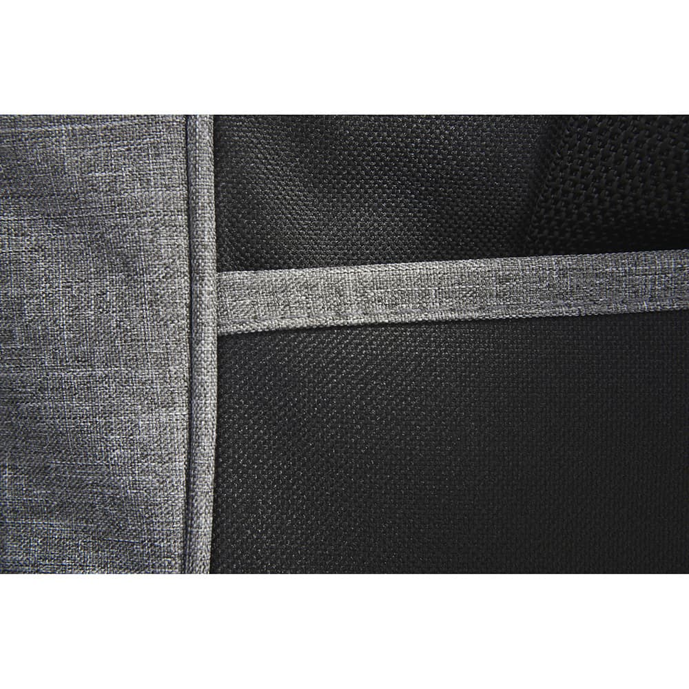 A close-up of a grey laptop bag with textured fabric and mesh accents, featuring a simple branding logo.