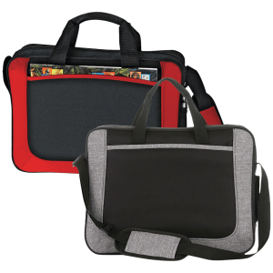 A laptop bag featuring a black and red design with adjustable straps and a front pocket. Includes a branding logo.