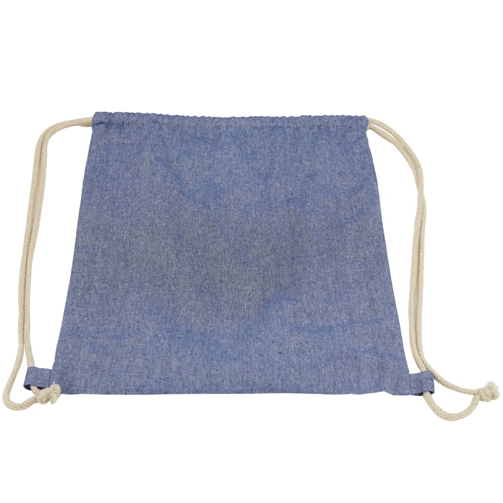 A blue custom dyed drawstring bag with cream-coloured drawstrings and a logo.