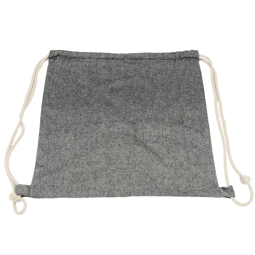 A grey drawstring bag made from a textured fabric, featuring natural-coloured drawstrings and a logo.