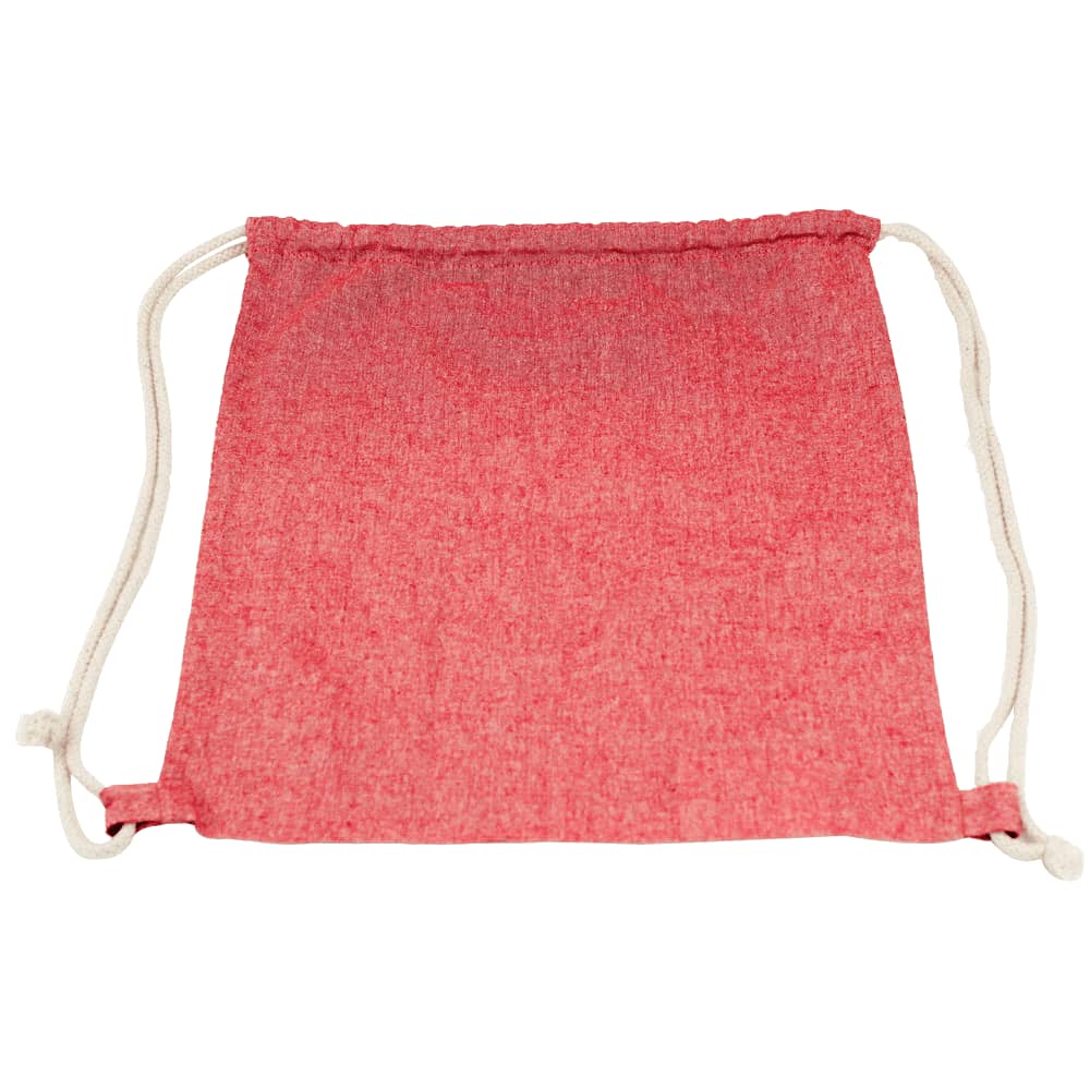A red drawstring bag with a textured finish and light-coloured cords for closure, featuring a logo.
