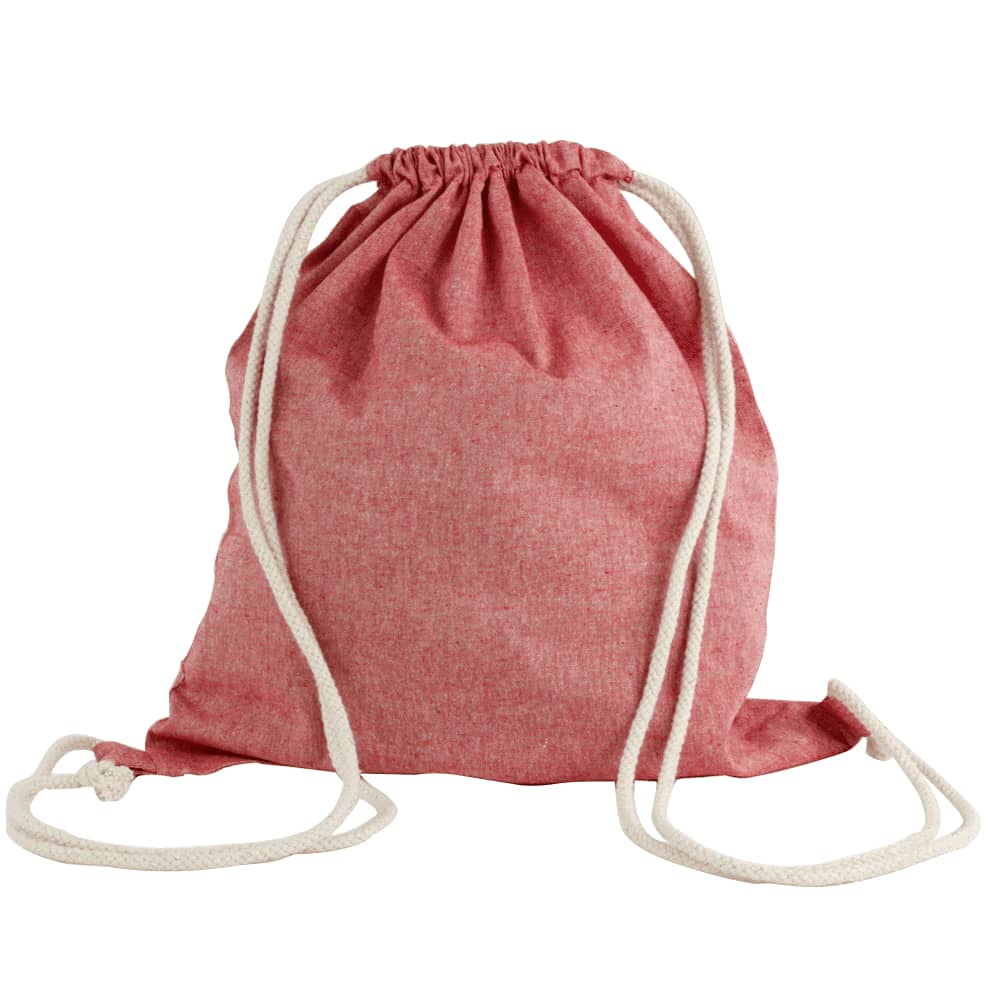 A red drawstring bag with natural coloured rope straps. The bag features a logo.