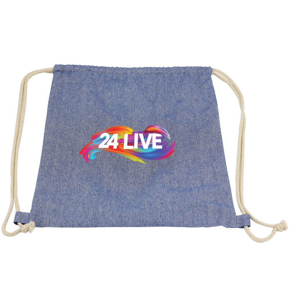 A blue drawstring bag with a branded design in the centre and cream-coloured cords for closure.