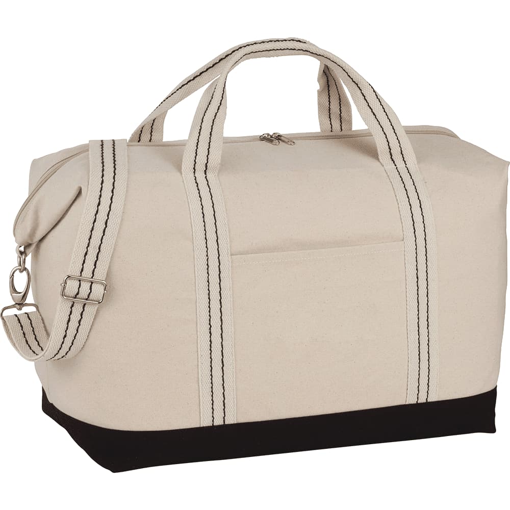 A beige cotton canvas duffel bag with black accents, featuring dual handles and a shoulder strap. It has a front pocket and a logo.