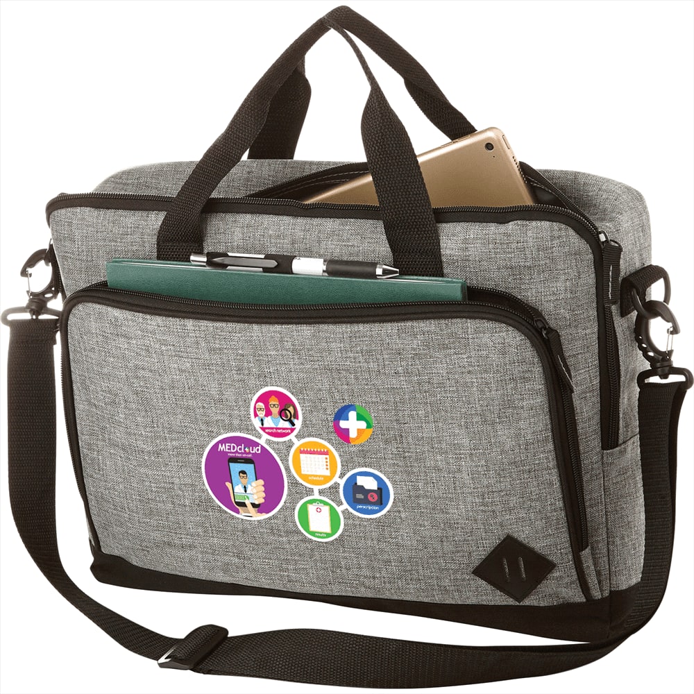 A grey laptop briefcase with black accents, featuring multiple pockets and a carrying strap. It has logos displayed on the front.