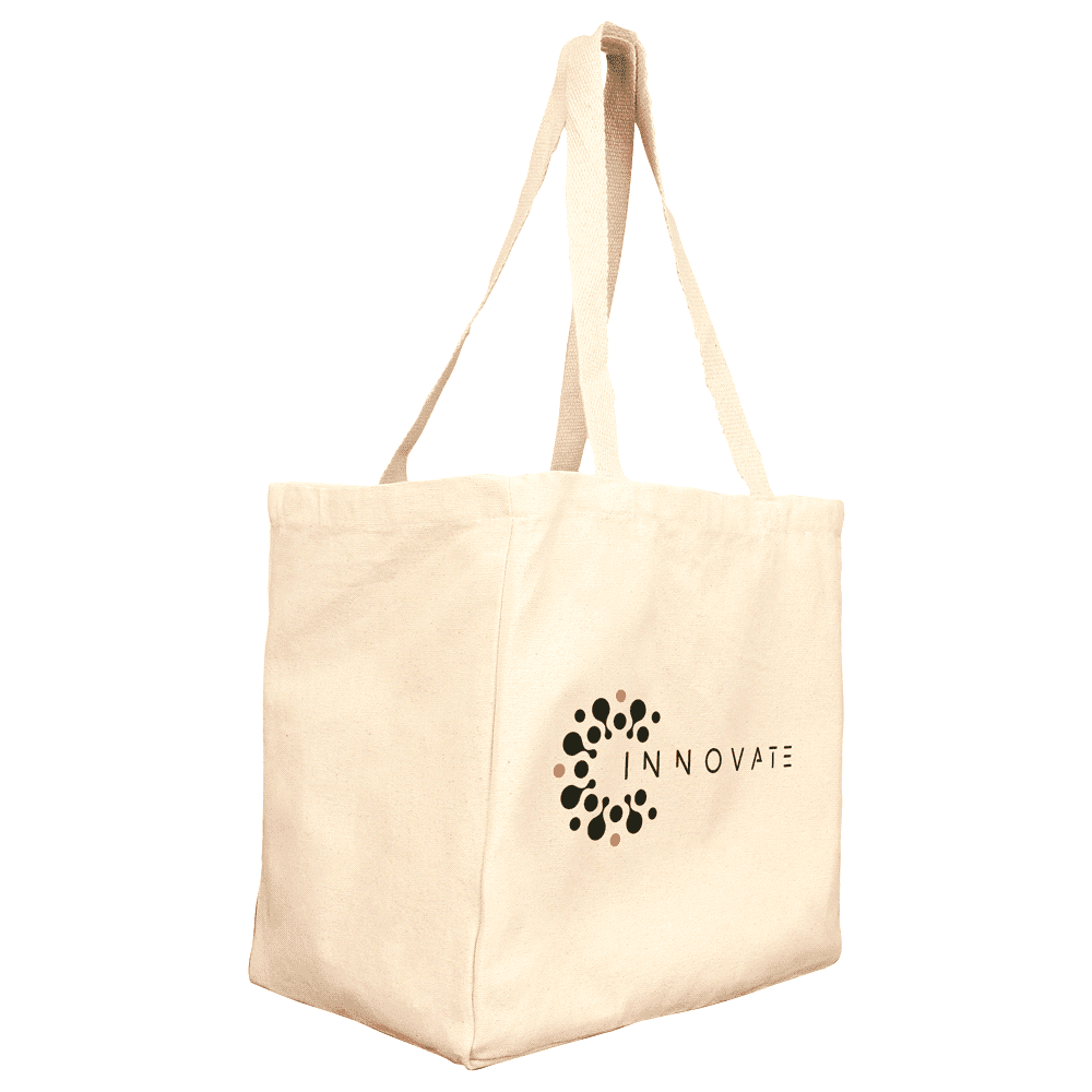 A natural beige reusable cotton grocery tote bag with long handles and a simple design.