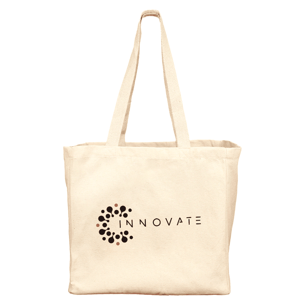 A cream reusable grocery tote bag with long handles and a logo on one side.