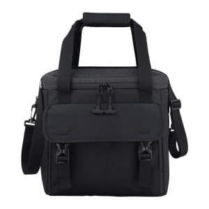 A cooler bag in black with a front flap pocket and an adjustable shoulder strap, featuring a logo.