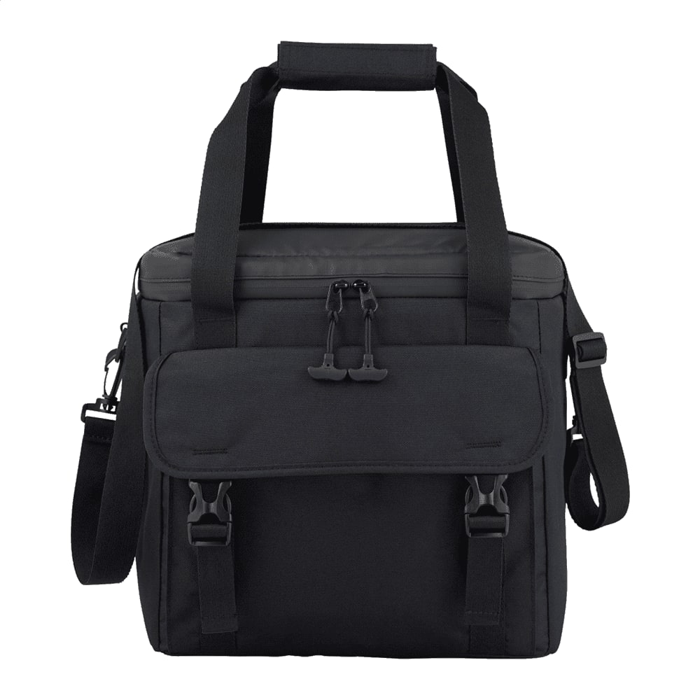 A cooler bag in black with a front flap pocket and an adjustable shoulder strap, featuring a logo.