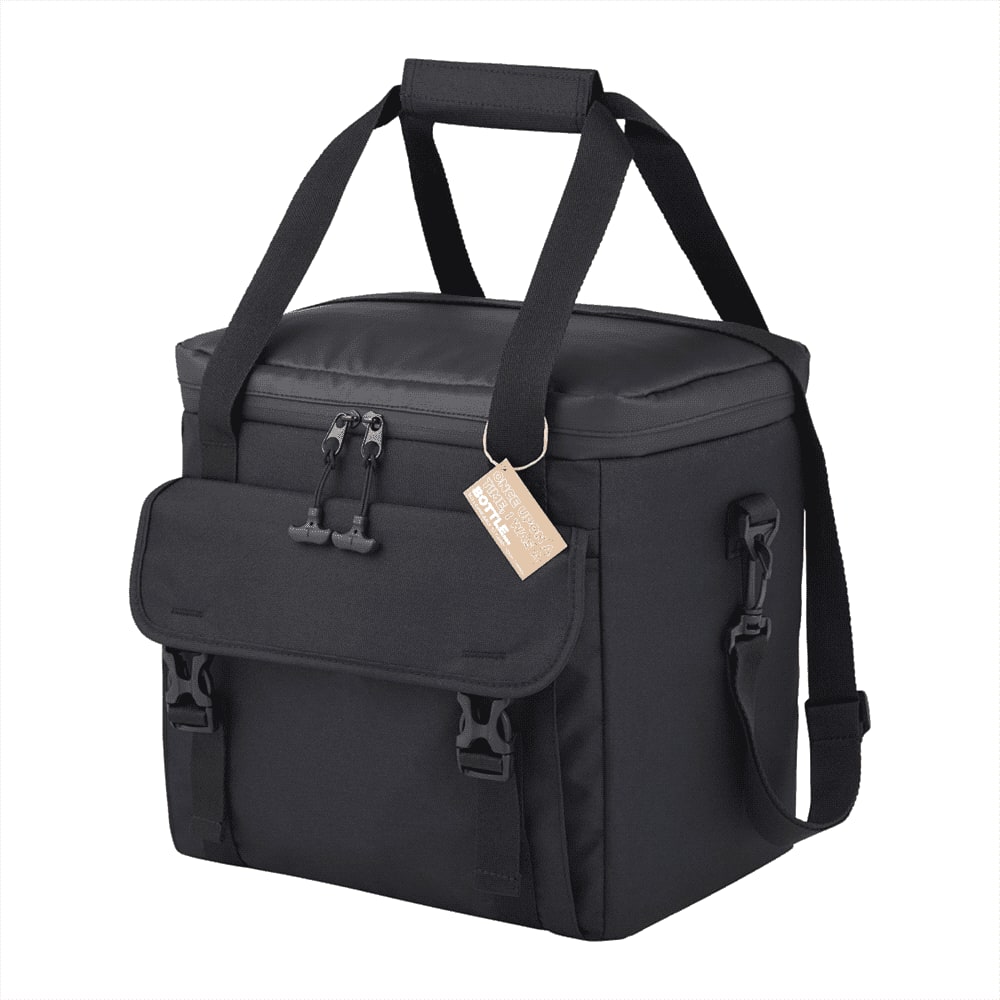 A black cooler bag with a top handle and adjustable straps, featuring a front pocket and a logo.