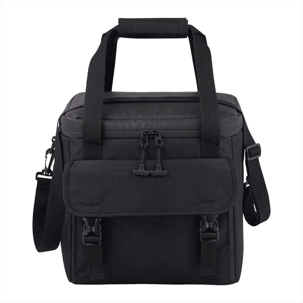 A black cooler bag with a sturdy handle and adjustable strap, featuring a front pocket and branding.