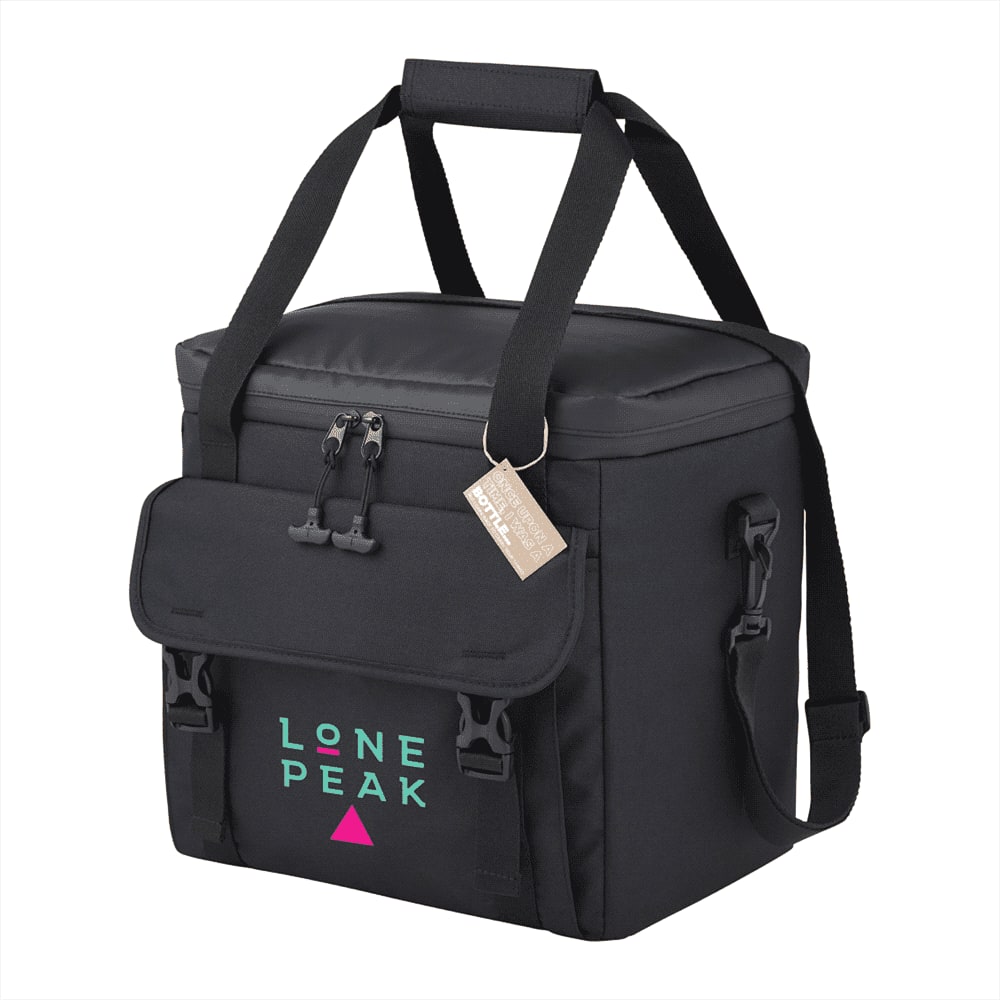 A black cooler bag filled with food containers, bottles, and a smartphone, featuring adjustable straps and a branded logo.
