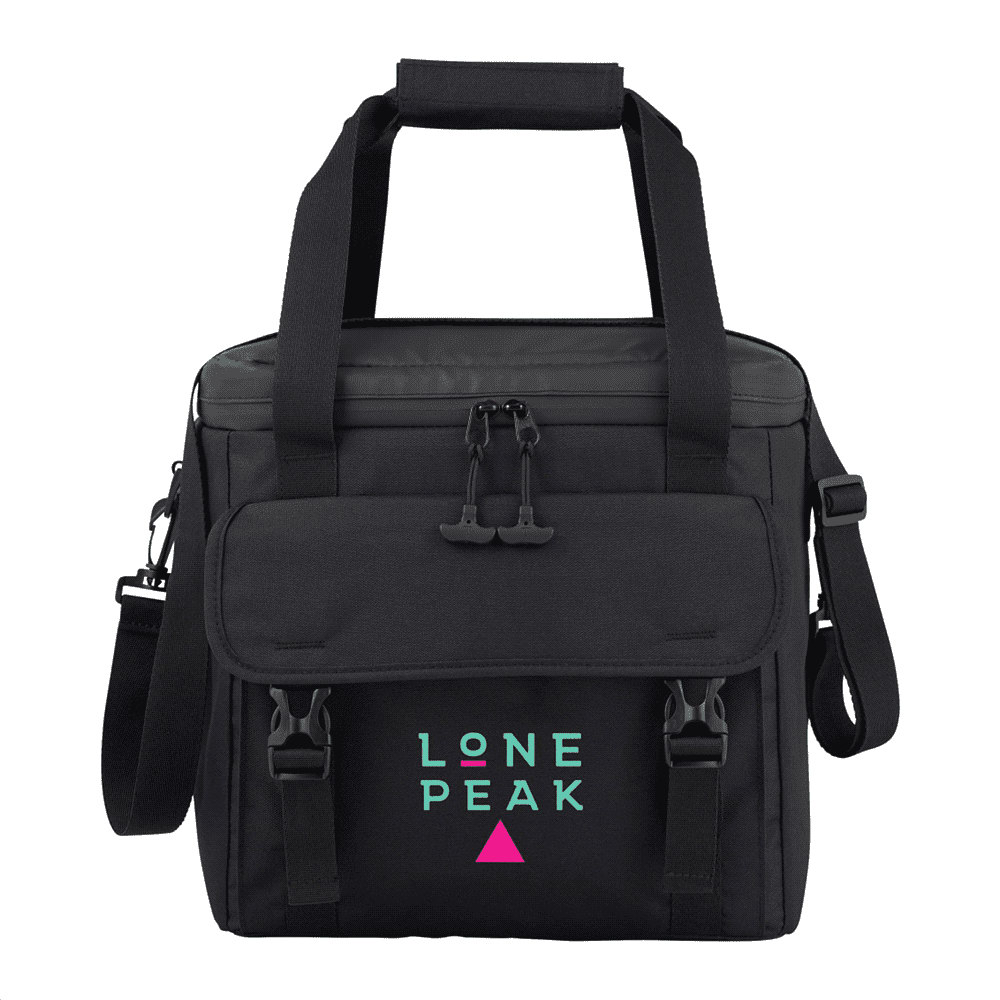 A black cooler bag with adjustable straps, featuring a front flap and a logo. It is designed to hold up to 24 cans.