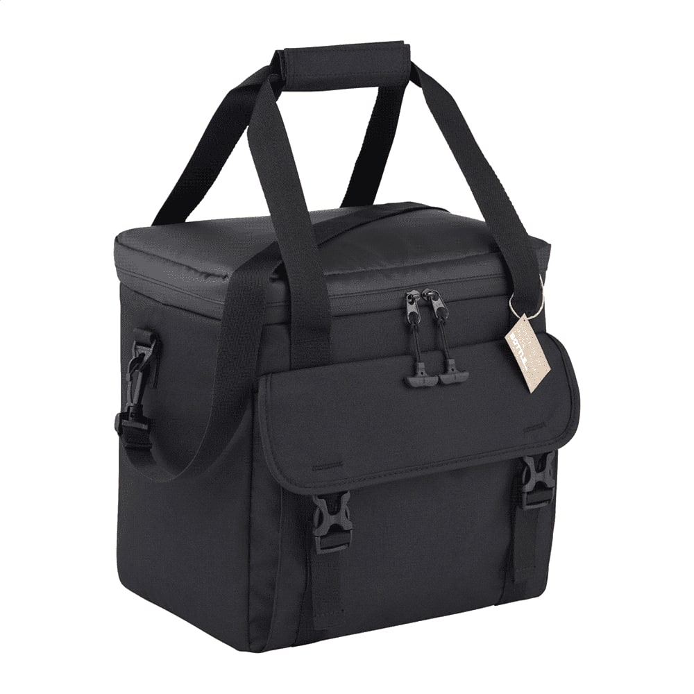 A black cooler bag with a front flap, adjustable shoulder strap, and dual handles for easy carrying.