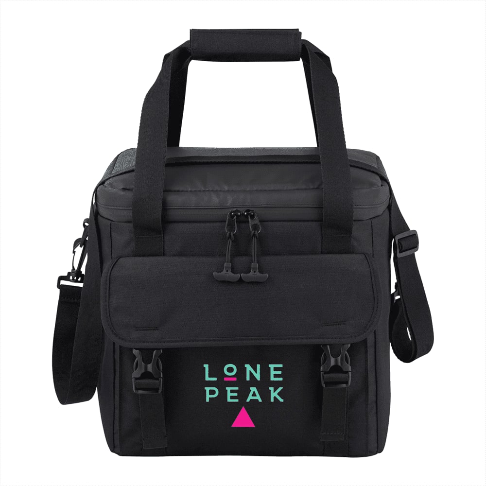 A black cooler bag with shoulder strap and handles, featuring a logo on the front. Suitable for carrying up to 24 cans.