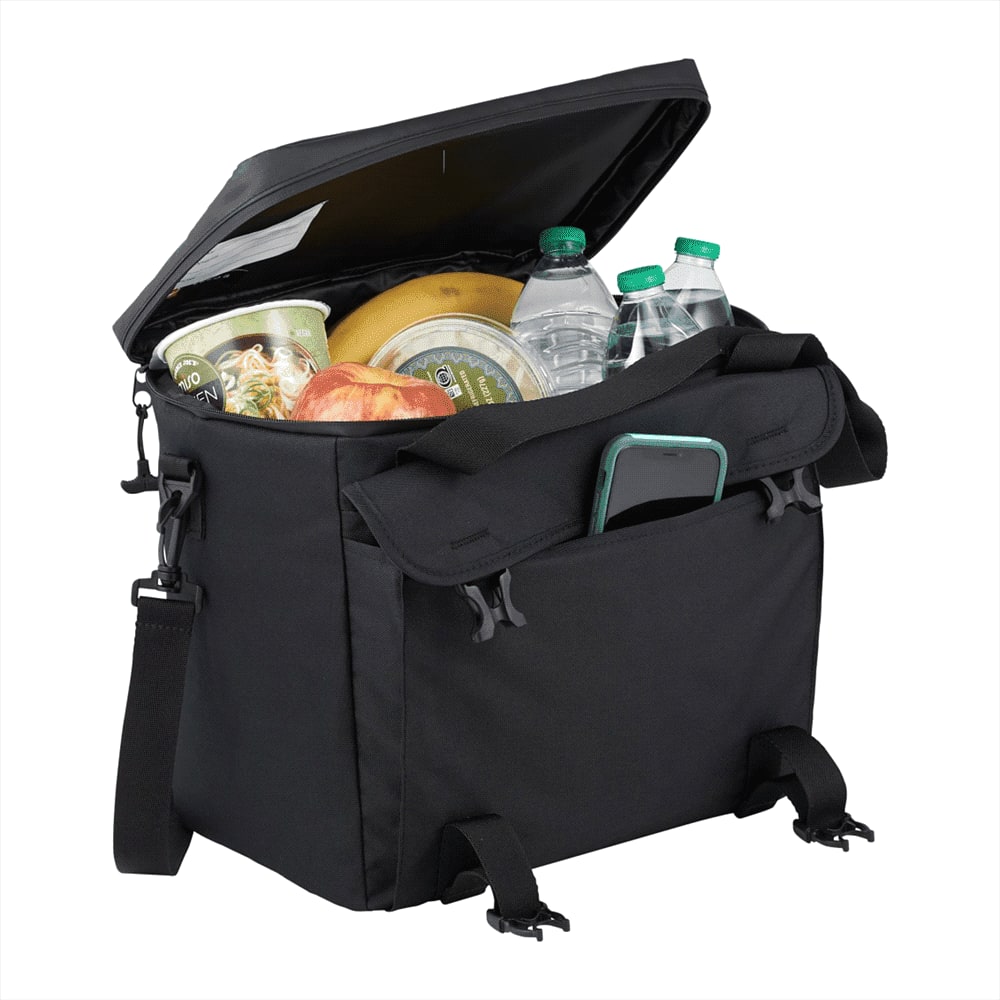 A black cooler bag with a tag that reads about its recycled material, featuring a bottle holder on the side.