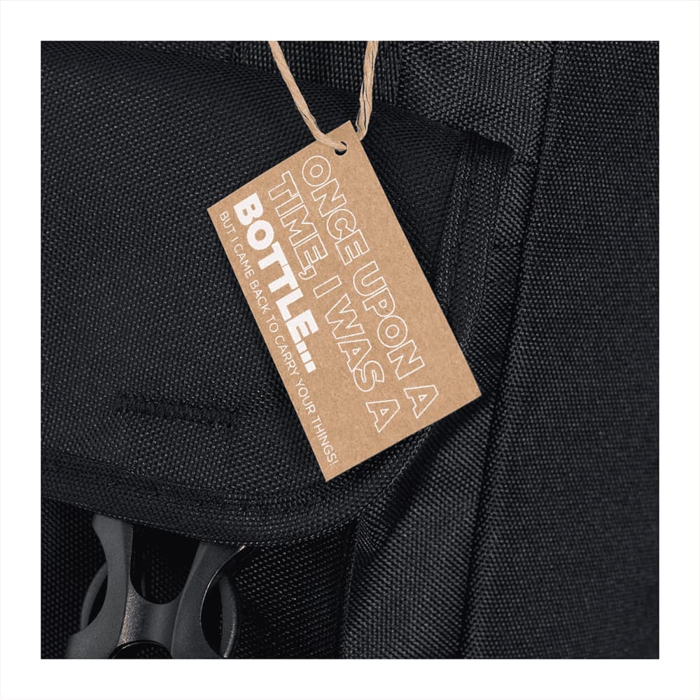 A black cooler bag with a spacious main compartment and adjustable shoulder strap, featuring a front pocket and branding.
