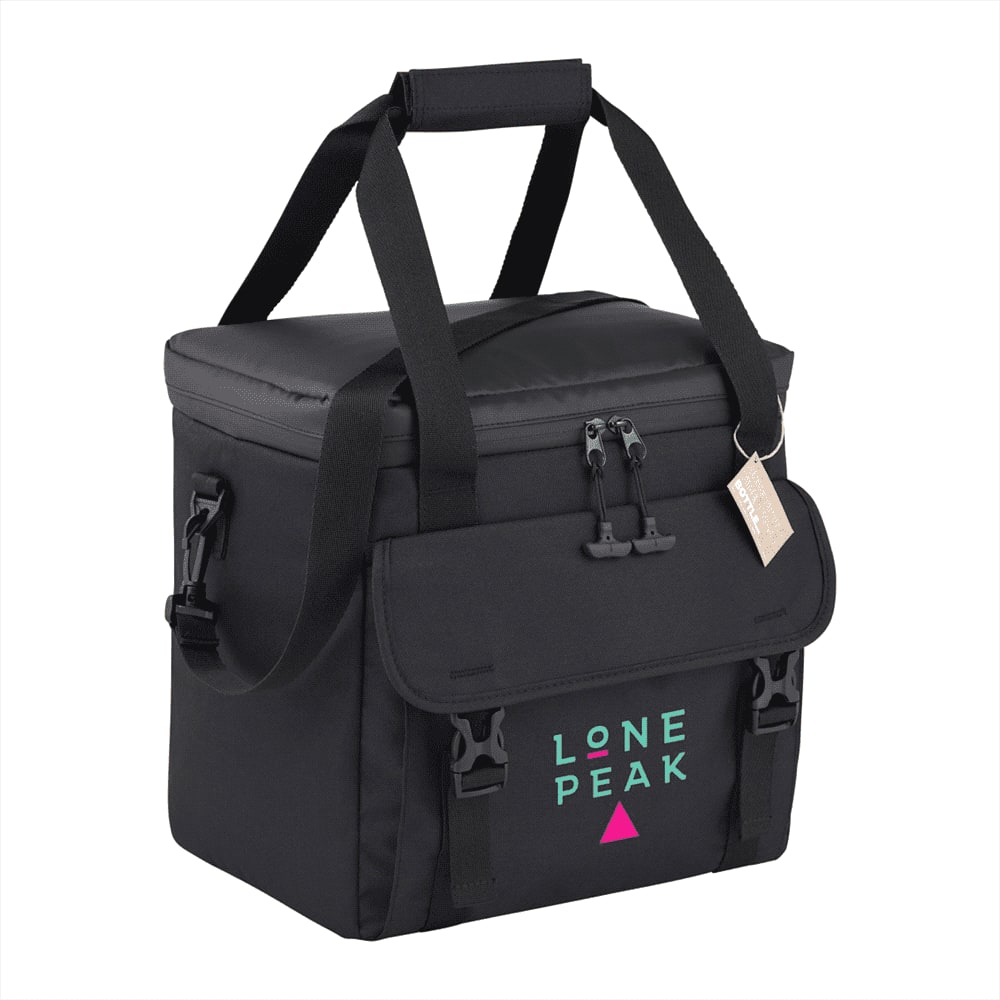 A black cooler bag with a logo, featuring dual carrying straps and a zippered top, suitable for holding beverages.