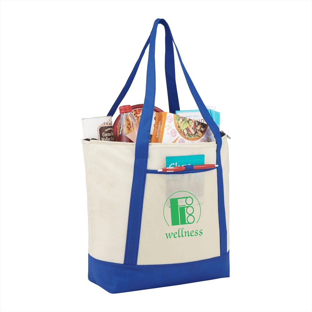 A cream and blue non-woven tote cooler bag with long handles and a logo on the front.